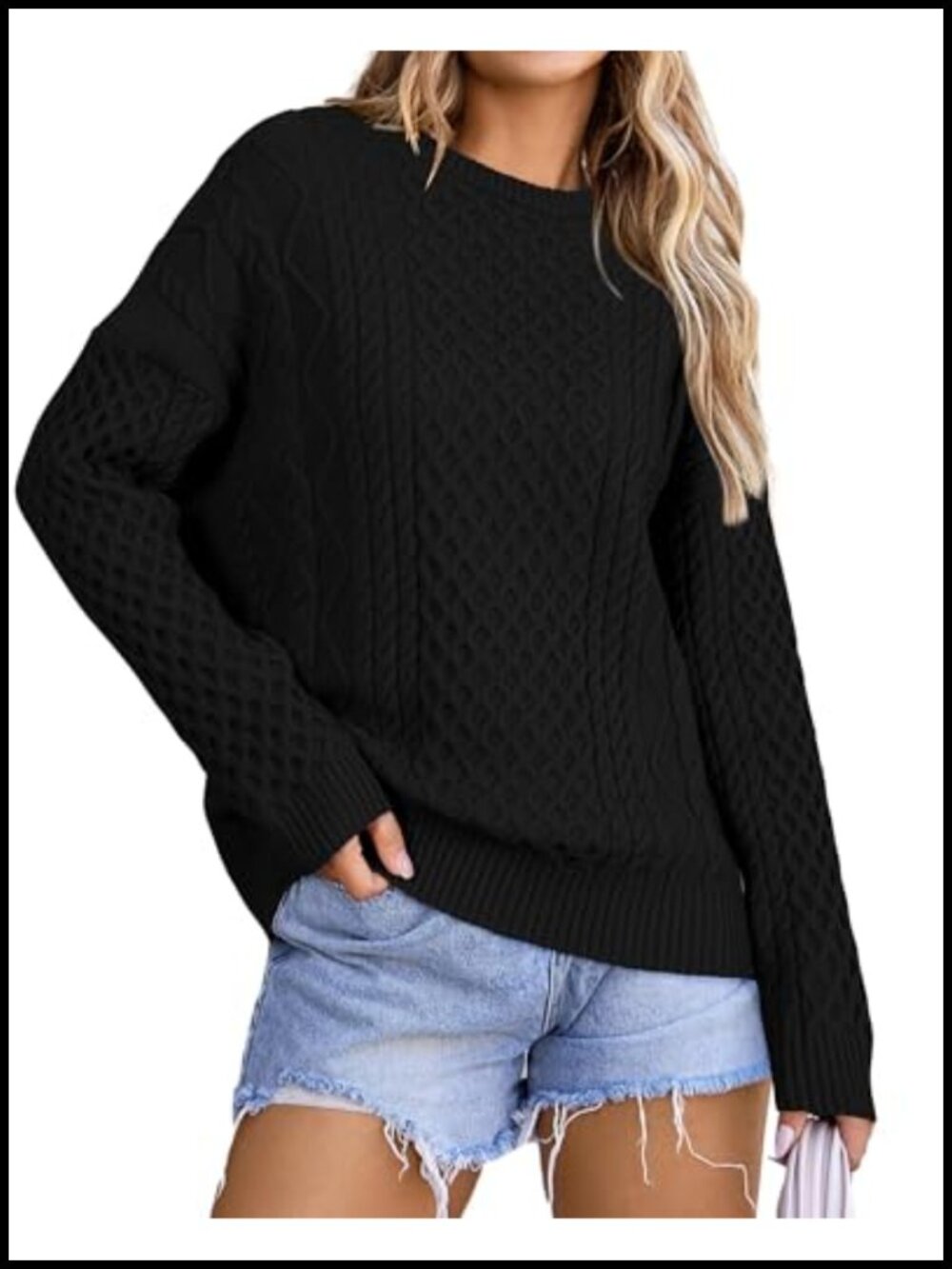 Wool Blend Chunky Oversized Cable Knit Sweater Pullover Crew Neck Long Sleeve